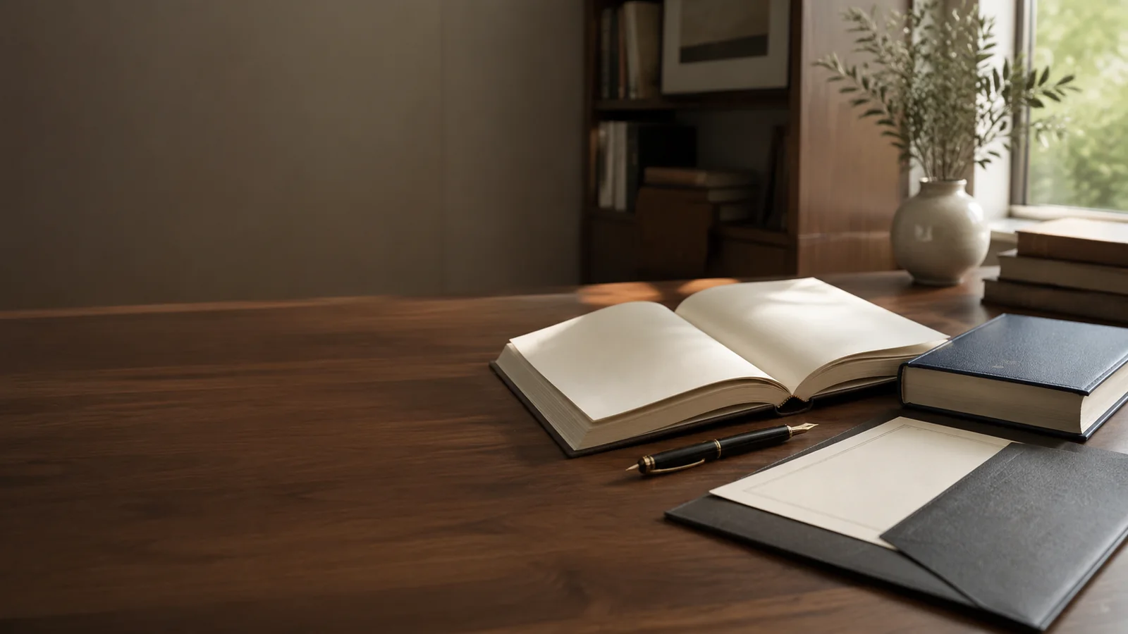 An open book and writing desk